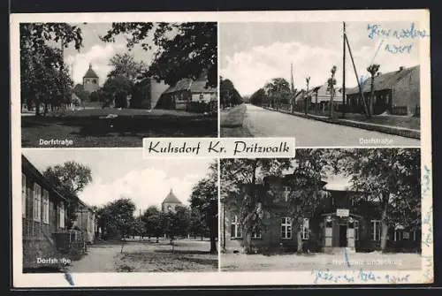 AK Kuhsdorf /Pritzwalk, Blicke in die Dorfstrasse, Restaurant Henschels Lindenkrug