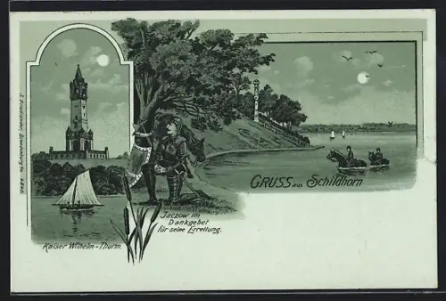 Mondschein-Lithographie Berlin-Grunewald, Schildhorn, Kaiser-Wilhelm-Turm, Jaczow im Dankgebet für seine Errettung