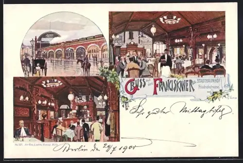 Künstler-AK Berlin, Gasthaus zum Franciskaner am Bahnhof Friedrichstrasse
