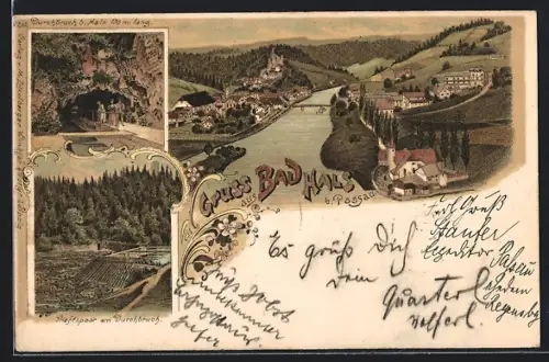 Lithographie Bad Hals bei Passau, Gesamtpanorama mit Fluss, Durchbruch bei Hals, Trieftspeer am Durchbruch