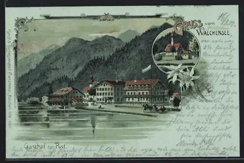 Lithographie Kochel, Gasthof zur Post am Walchensee, Kirche