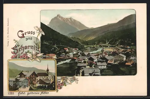 AK Scharnitz, Hotel goldener Adler, Gesamtansicht aus der Vogelschau