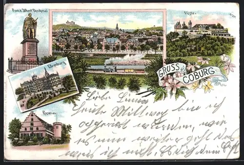 Lithographie Coburg, Veste Coburg, Ehrenburg, Prinz Albert-Denkmal