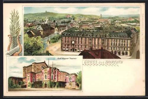 Lithographie Bayreuth, Ortsansicht, Rich. Wagner-Theater
