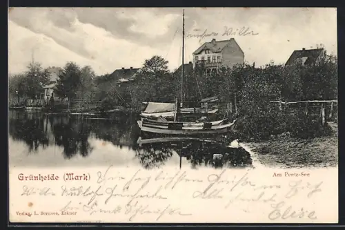 AK Grünheide /Mark, Partie am Peetz-See mit Segelboot