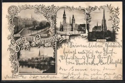AK Chemnitz, Rathaus, Schloss, Markt und St. Petrikirche