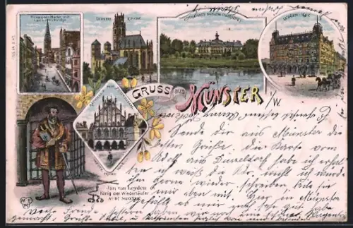 Lithographie Münster i. W., Prinzipal-Markt m. Lambertikirche, Ludgeri-Kirche, Ludgeri-Hof, Königl. Schloss