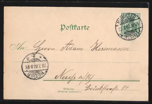 Lithographie Münster i. W., Prinzipal-Markt m. Lambertikirche, Ludgeri-Kirche, Ludgeri-Hof, Königl. Schloss