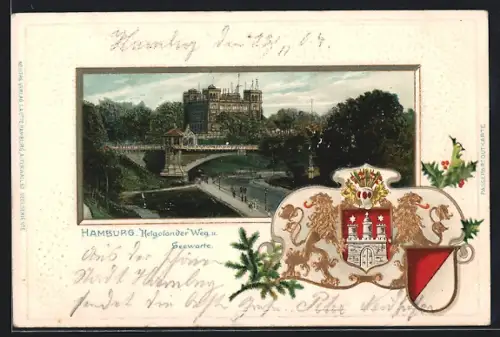 Passepartout-Lithographie Hamburg-St. Pauli, Helgoländer Weg u. Seewarte, Wappen