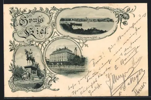 AK Kiel, Totalansicht, Kaiser-Wilhelm-Denkmal, Kgl. Schloss