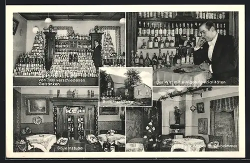 AK Hindorf, Ansichten der Bauernschänke, Getränke-Auswahl, Bauernstube, der Wirt