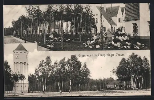 AK Zossen, Truppenlager, Strassenpartie mit Wohnhäusern, Ortspartie mit Uhrenturm