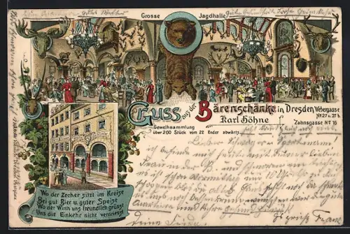 Lithographie Dresden, Gaststätte Bärenschänke, Blick in die Grosse Jagdhalle