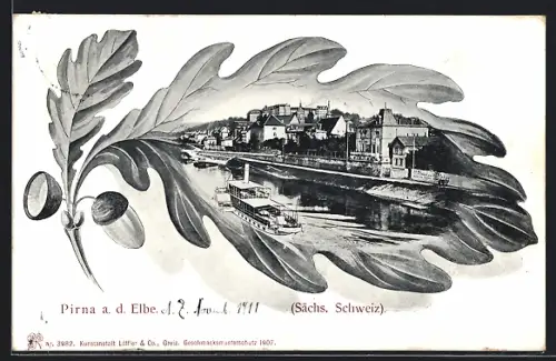 AK Pirna a. d. Elbe, Partie am Fluss mit Dampfschiff, Passepartout mit Eichenblatt und Eichel