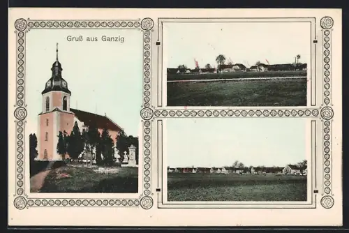 AK Ganzig, Kirche mit Kirchhof, Ortsansicht von der Feldflur aus