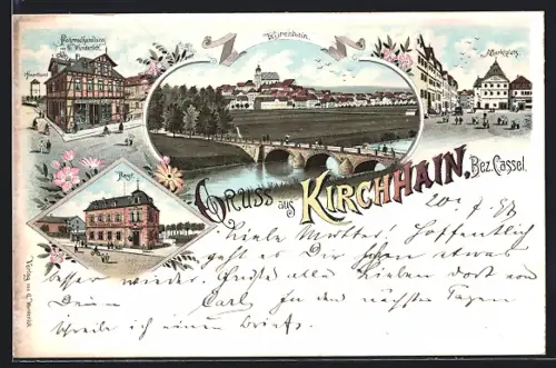Lithographie Kirchhain / Bez. Kassel, Ortsansicht, Marktplatz, Post und Fahrradhandlung von G. Wunderlich