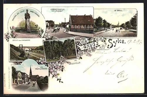 Lithographie Syke, Blick in die Langestrasse, Strassenpartie am Mühlendamm, Im Brill