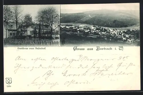 AK Burbach i. W., Gasthaus zum Bahnhof, Ortsansicht vom Berghang aus