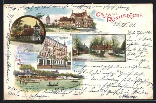 Lithographie Berlin-Reinickendorf, Alte Hauptkirche, Postamt, Seebad