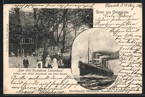 AK Hamburg-Övelgönne, Gaststätte Zum alten Oevelgönner Lootsenhaus E. Sievers, Schnelldampfer Deutschland