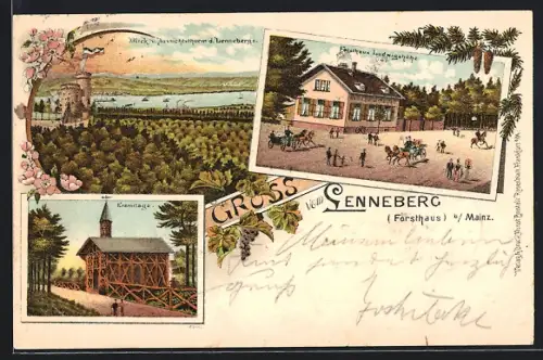 Lithographie Lenneberg b. Mainz, Gasthaus Ludwigshöhe, Eremitage, Blick vom Aussichtsturm