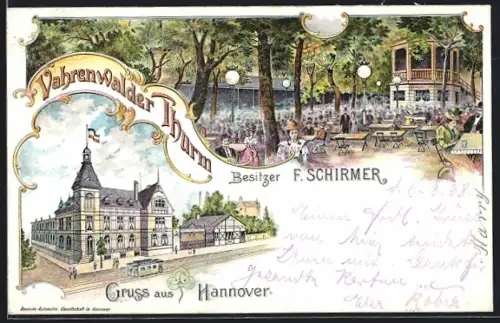 Lithographie Hannover, Gasthaus Vahrenwalder Thurm, Besitzer F. Schirmer, Strassenbahn