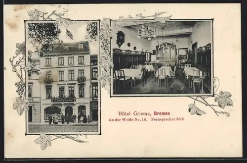 AK Bremen, Hotel Grieme, An der Weide 18, Aussen- und Innenansicht