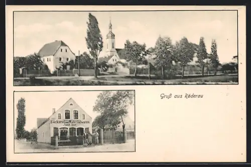 AK Röderau, Bäckerei und Materialwaren Bes. Adolph Honer, Teilansicht