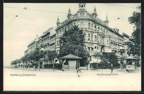 AK Hamburg-Eimsbüttel, Strassenbahn fährt durch die Schäferkampsallee