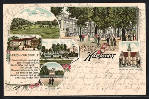 Lithographie Bad Helmstedt, Brunnenthal, Theater, Herzog-Karlsquelle, Ehem. Universität, Kriegerdenkmal