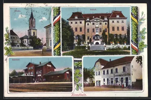 AK Knauthain, Gasthaus Knauthain, Bahnhof, Kirche, Schloss