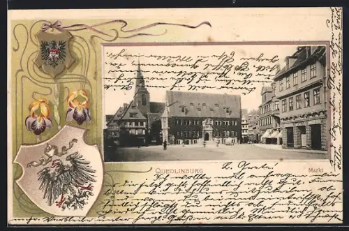 Präge-AK Quedlinburg, Markt mit Geschäft von Carl Holle
