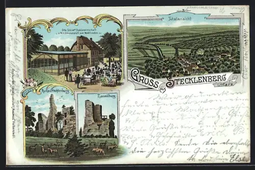 Lithographie Stecklenberg i. H., Gasthaus Otto Stolze Speisewirtschaft & Milchkunstanstalt z. Waldfrieden, Lauenburg