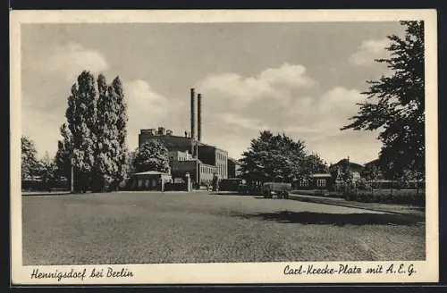 AK Hennigsdorf bei Berlin, Carl-Krecke-Platz mit A.E.G. Kraftwerk