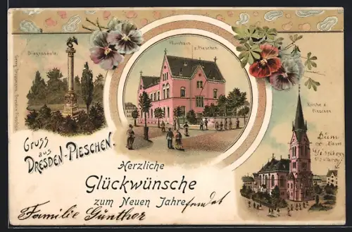 Lithographie Dresden-Pieschen, Siegessäule, Pfarrhaus, Kirche
