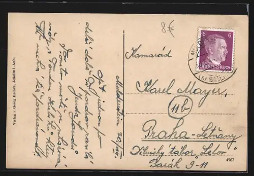 AK Jessnitz i. Anh., Rathaus und Kolonialwarenhandlung von Albin Seidel