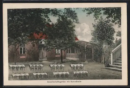 AK Finsterwalde /N.-L., Schützenhaus Finsterwalde, Inh. Otto Koch, Gesellschaftsgarten mit Schiesshalle