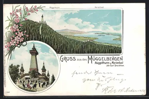 Lithographie Berlin-Köpenick, Müggelthurm u. Marienlust, Müggelthurm auf den Müggelbergen