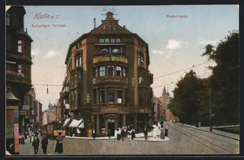 AK Halle a. S., Strassenpartie Leipziger Strasse Ecke Poststrasse, Strassenbahn