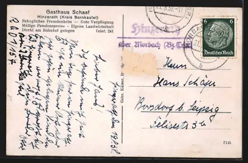 AK Hinzerath /Bernkastel, Gasthaus Schaaf, Stumpfer Turm, Ruine Baldenau, Hochwild