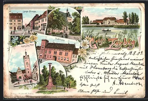 Lithographie Zörbig, Lange Strasse, Dorotheenhof, Hallisches Thor und Rathaus mit Kriegerdenkmal