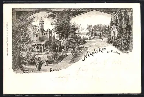 Lithographie Berlin-Wannsee, Nikolskoe, Partie an der Kirche, Kapelle