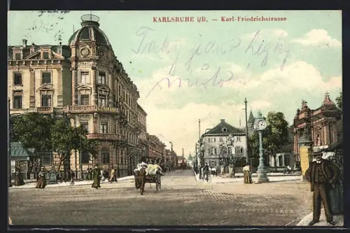 AK Karlsruhe, Karl Friedrichstrasse mit Hotel Germania