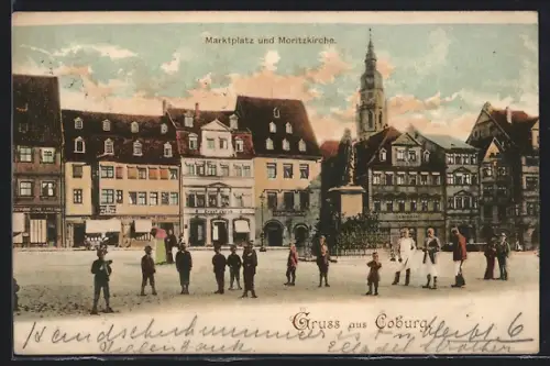 AK Coburg, Marktplatz mit Denkmal und Moritzkirche