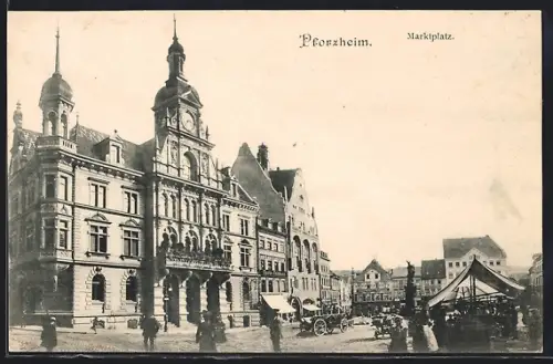 AK Pforzheim, Marktplatz mit Rathaus und Marktbuden