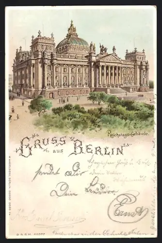 Lithographie Berlin-Tiergarten, Reichstags-Gebäude, leuchtende Fenster