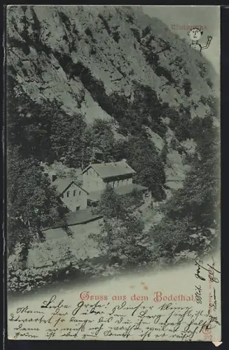 Mondschein-AK Bodethal, Siedlung vor Berghang, Königsruhe