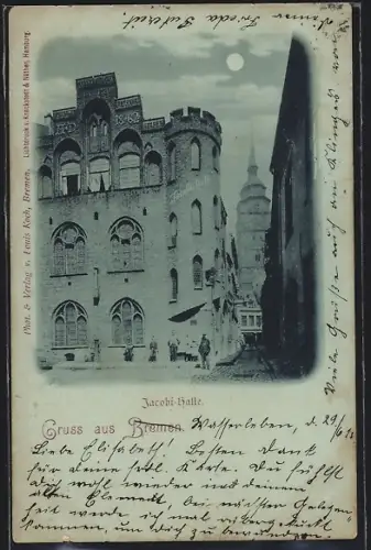 Mondschein-AK Bremen, Personen vor der Jacobi-Halle