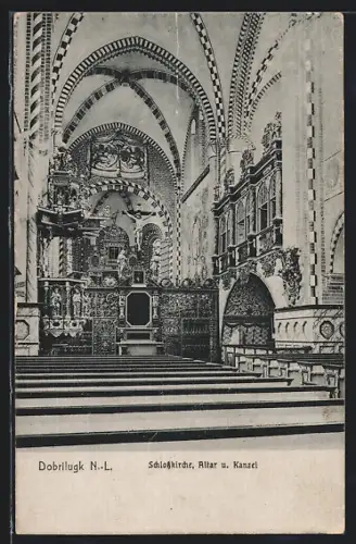 AK Dobrilugk /N.-L., Schlosskirche, Innenansicht mit Altar und Kanzel