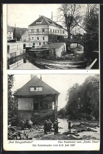 AK Bad Berggiesshübel, Badehotel zum Sächs. Haus vor und nach dem Hochwasser von 1927
